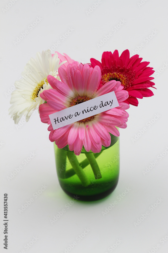 Have a nice day card with three gerbera daisies in green transparent glass on white background