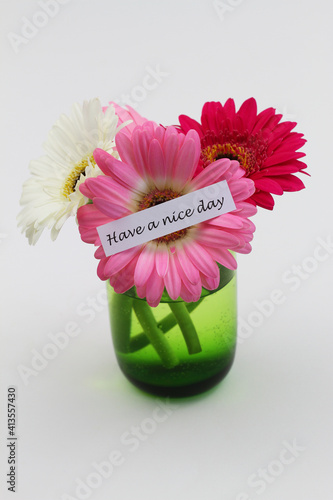 Obraz na płótnie Have a nice day card with three gerbera daisies in green transparent glass on white background
w salonie