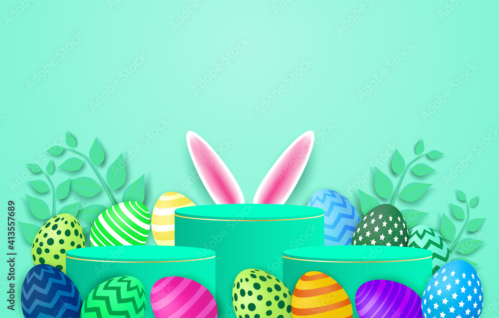 Happy easter theme product display podium. Colorful easter egg and bunny ears on mint green background. Vector. illustration.