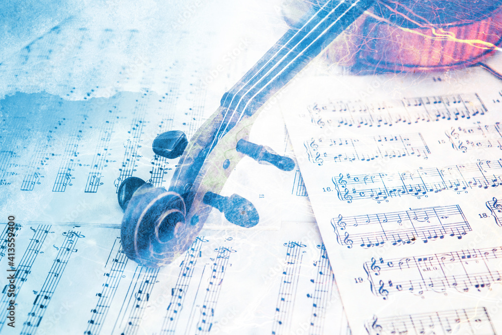 Old violin lying on the sheet of music, abstract watercolor concept - obrazy, fototapety, plakaty 