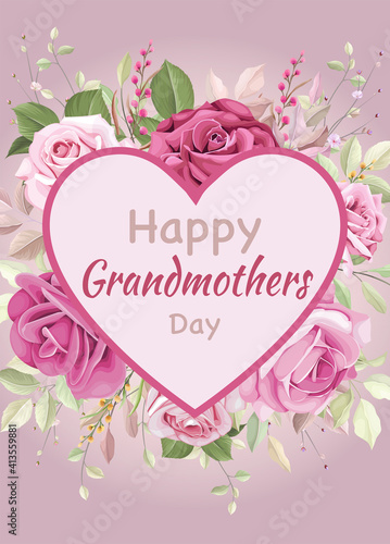 card or banner on Grandmothers Day in pink in a pink heart on a background of a bouquet of light and dark pink flowers