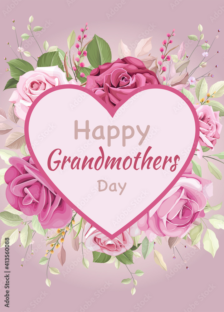 card or banner on Grandmothers Day in pink in a pink heart on a background of a bouquet of light and dark pink flowers