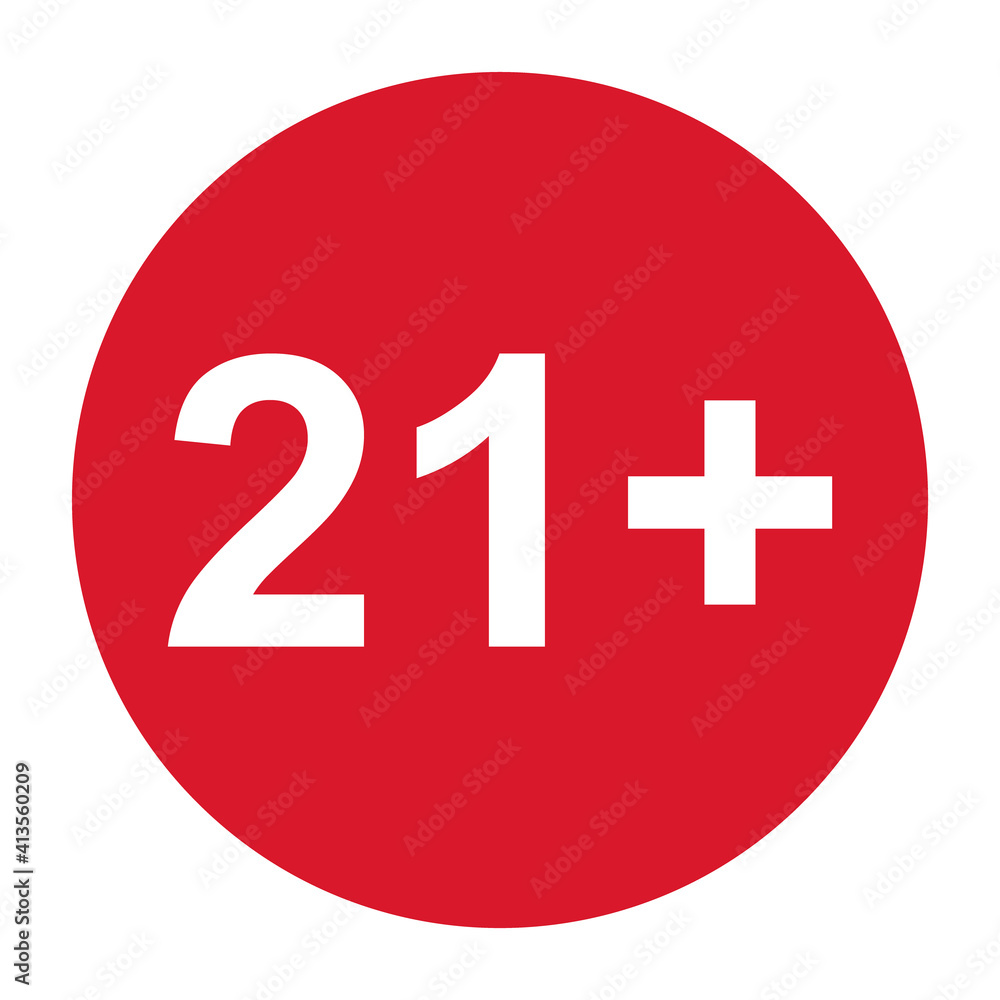 21+ restriction flat sign isolated in red circle. Age limit symbol. No under twenty one years warning illustration 21+ restriction flat sign isolated in red circle. Age limit symbol. No under twenty one years warning illustration