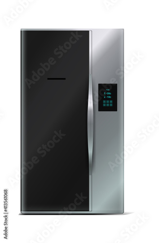 Refrigerator. Realistic kitchen appliance. Modern electronic household device for cold storage food products. Front view of 3D steel fridge with freezer. Vector isolated domestic freeze equipment