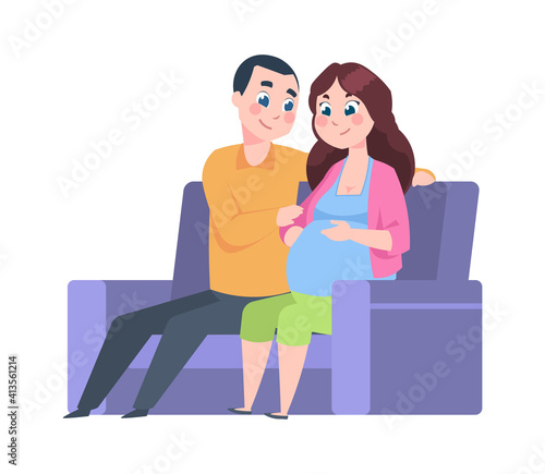 Young parents at home. Cartoon future father and pregnant woman sitting on sofa. Happy people expecting childbirth. Husband supports wife in pregnancy period. Vector couple spending time together