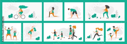 Healthy people poster. World health day greeting cards and flyers, cartoon characters doing outdoor activities and exercises, riding bicycles, yoga and fitness training. Vector healthy family banners