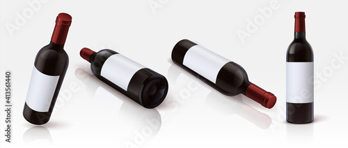 Realistic bottles. 3D blank mockups of containers for alcoholic beverages, standing and lying glass bottles of red wine from different viewing angles. Product advertising template. Vector isolated set