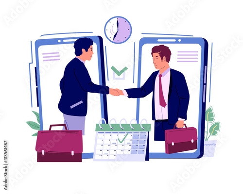 Appointment. Online registration for organization business meeting. Effective schedule planning and time management concept. Vector cartoon characters agreed in advance about place for communication
