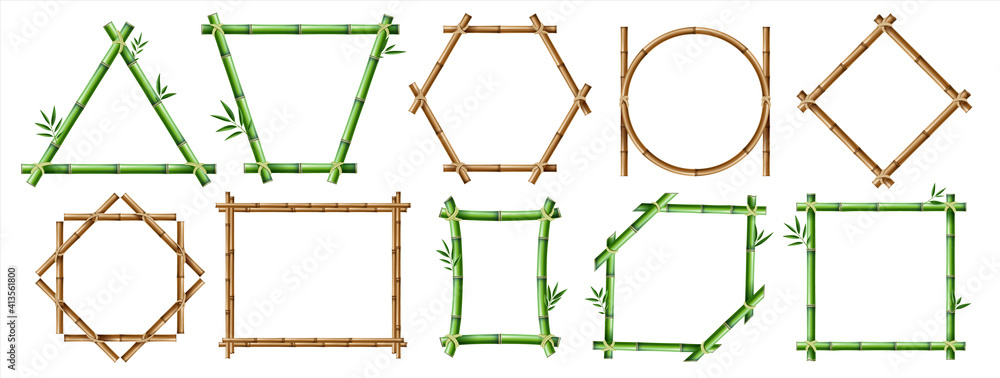 Bamboo frame. Realistic wooden borders with copy space, rustic isolated geometric constructions. Green and brown straight segmented trunks tied with rope. Vector natural organic building materials set Bamboo frame. Realistic wooden borders with copy space, rustic isolated geometric constructions. Green and brown straight segmented trunks tied with rope. Vector natural organic building materials set