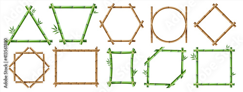 Bamboo frame. Realistic wooden borders with copy space, rustic isolated geometric constructions. Green and brown straight segmented trunks tied with rope. Vector natural organic building materials set © SpicyTruffel