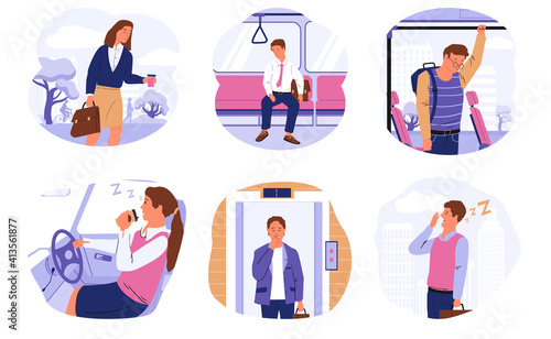 Sleepy people. Drowsy characters in transport and public places, tired office workers with drowsiness and dozing driver. Cartoon scenes with exhausted yawning men or women wanting sleep, vector set