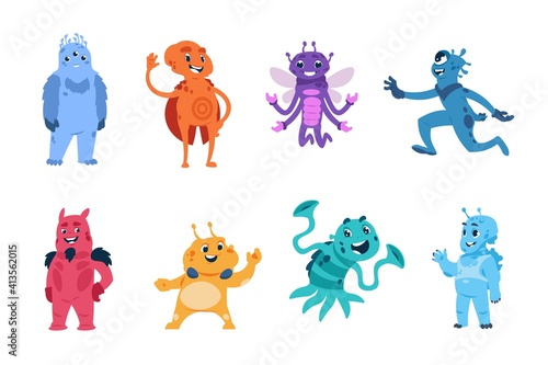 Alien character. Cartoon extraterrestrial monsters. Cute friendly strangers or virus and bacteria mascots. Funny colorful clipart of fictional creatures. Isolated smiling universe explorers vector set