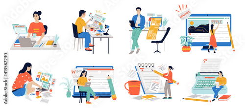 Copywriters. Journalist workflow with cartoon content managers posting text with laptop. Cute people work in publishing house of newspapers and magazines Vector writing and storytelling set of scenes