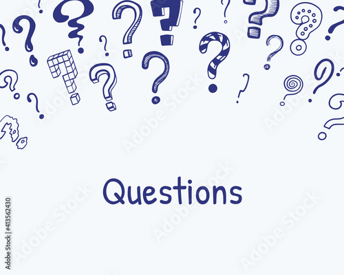 Question mark frame. Hand drawn background with different interrogation signs, doodle abstract inky painting symbols. Searching answers concept. Interrogatory lettering, vector banner with copy space