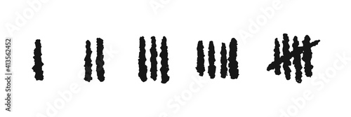 Tally numbers. Prison brush slash and days count stroke symbols, jail hash symbols on wall. Rough scrawled line signs in row. Simple counting of quantity. Vector hand drawn scratched sticks set