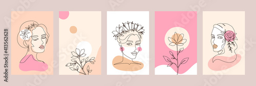Line art woman face. Hand drawn female portraits. Abstract shapes and outline ladies with floral decorations in hair. Contemporary sketches of trendy girls. Colorful avatar mockups. Vector contour set