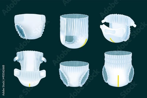 Realistic diaper. 3D childrens nappy pee absorption. View from different sides on soft disposable underpants for baby and urinary incontinence patient. Hygienic breathable filler. Vector isolated set