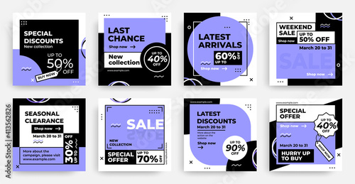 Sale banners. Social media post design, discount or offers newsletter and coupon templates. Modern square web advertising. Monochrome flyers with purple frames and promotional lettering, vector set