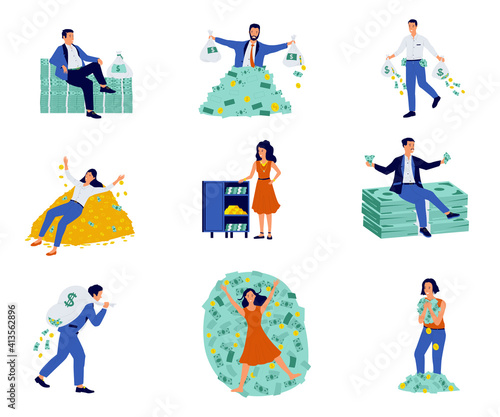 Rich people. Cartoon characters with mountains of cash and coins, isolated millionaire and billionaire set. Successful businessman with safes and bags full of money. Vector happy wealthy men and women