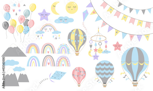 Set of rainbows with hearts, clouds, rain, air baloons, in childish scandinavian style style isolated on white background. Perfect for kids, posters, prints, cards, fabric.
