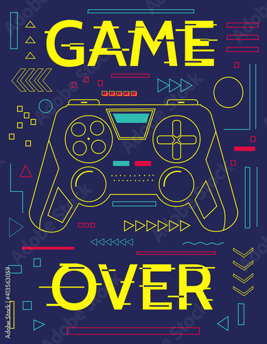 Game print. Minimal poster with controller and abstract geometric outline shapes. Game over banner. Blue contour figures and yellow lettering with glitch effect. Graffiti art design, vector gamepad