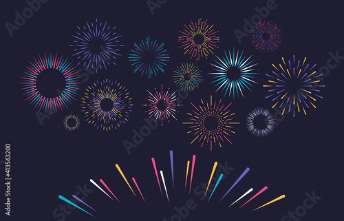 Firework. Cartoon firecracker for Christmas party festival. Celebration fire flashes, launch flare rockets in dark night sky. Abstract outline salute, colorful illuminated sparks. Vector illustration