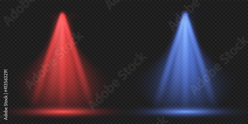 Falling light. Red and blue laser effect on transparent background. Fighting ring lighting. Spotlight beams in dark, colorful template of shining projectors. Glowing stage rays, vector luminous lamps