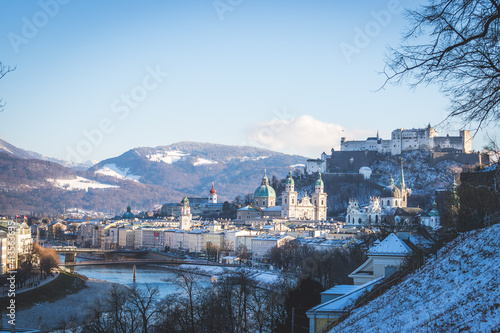 Panorama of Salzburg in winter  Snowy historical center and old city