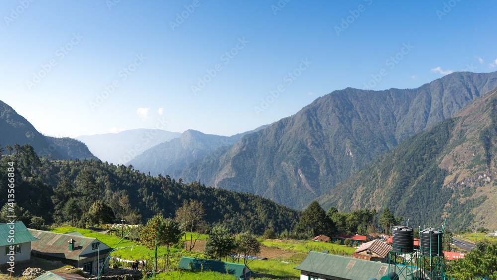 landscape in the mountains, Lukla Airport viewpoint, Everest Base Camp trek, trekking in the Himalayas,
