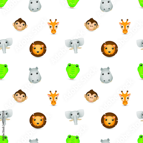 Safari Animals Face Emoji Pattern. Savannah Africa Head Seamless Background Symbols. Silhouette Clip Art Emoticon Vector.