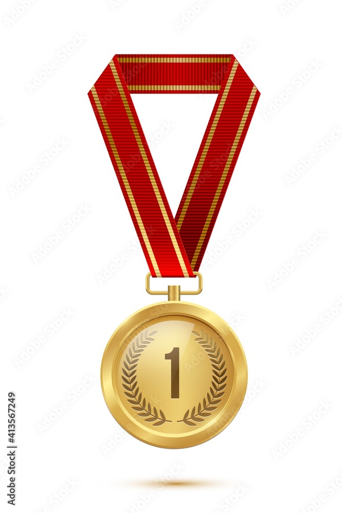 Gold medal with red ribbon. Champion golden trophy award with number one and laurel vector illustration. Prize in sport for winning first place in competition on white background Gold medal with red ribbon. Champion golden trophy award with number one and laurel vector illustration. Prize in sport for winning first place in competition on white background