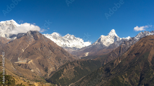 Panoramic views of the Everest range, Landscape in the himalayas, Everest base camp trek, Everest Hotel viewpoint, Namche Bazar viewpoint, trekking in Nepal, beautiful scenery in the mountains © Lesia Povkh