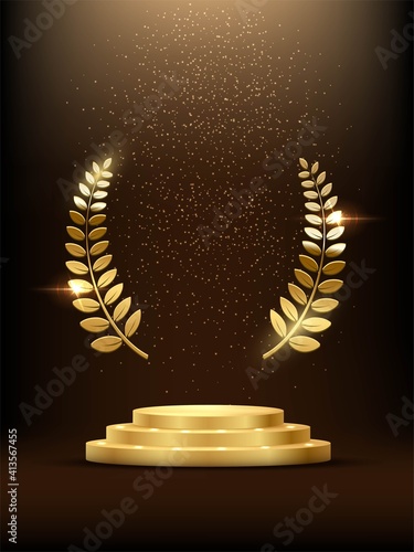 Golden podium with laurel glowing. Gold stage with glitter and light fog on dark background. Hollywood fame in film and cinema or championship in sport vector illustration