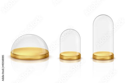 Glass domes set on white background. Transparent crystal cases with round golden trays vector illustration. Empty realistic Christmas containers, displays or showcases