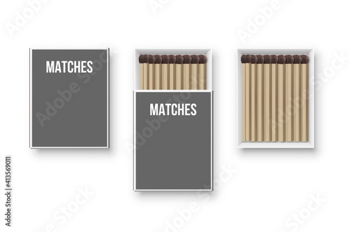 Matchboxes with matches set. Open box with heap of flammable matches, half open and closed. Kitchen house equipment vector illustration. Design of grey package on white background