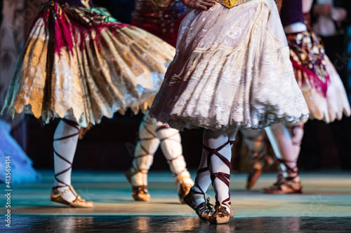 Closeup of ballerinas dancing. French style costume