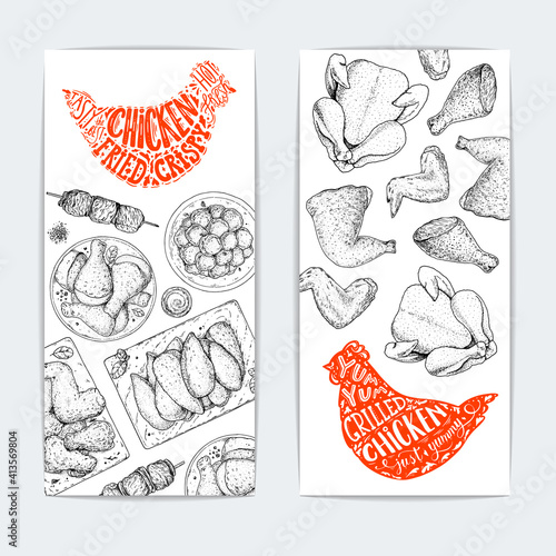 Chicken dinner. Grilled and Fried chicken. Banner set. Hand drawn sketch illustration. Grilled chicken meat top view. Vector illustration. Engraved design. Restaurant menu design template.