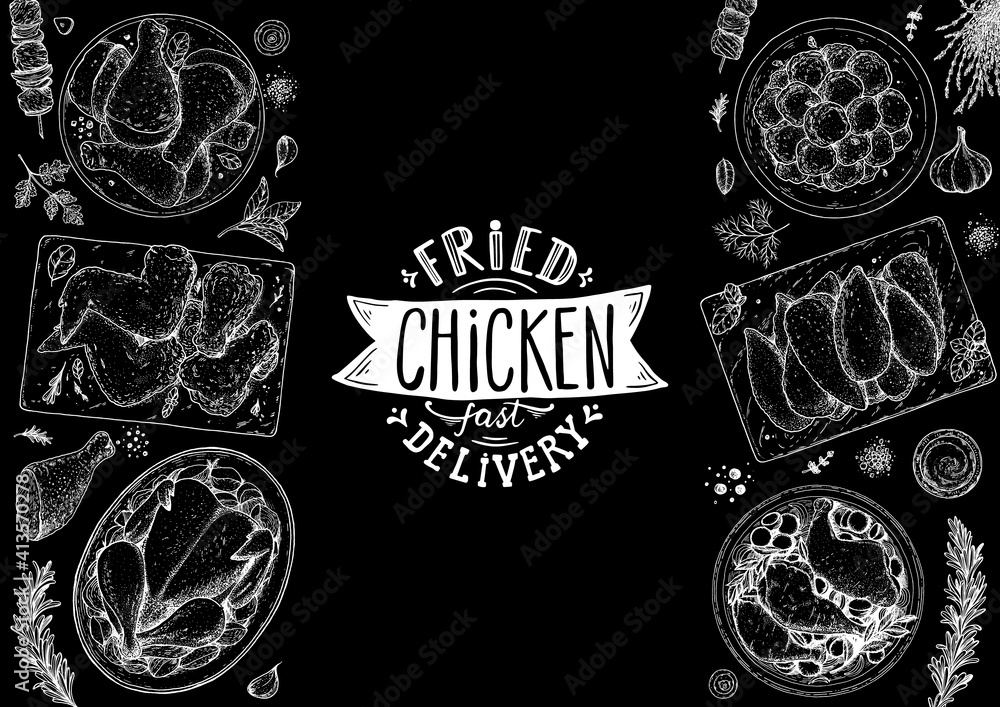 Chicken meat. Grilled and Fried chicken. Hand drawn sketch illustration. Grilled chicken meat top view frame. Vector illustration. Engraved design. Restaurant menu design template. - obrazy, fototapety, plakaty 