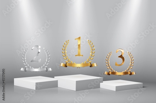 Podium for first, second, third place with laurel, number and ribbon. Gold, silver and bronze ranks on square stage on gray background. Championship in sport vector illustration