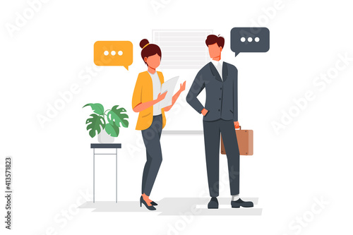 Two person talking on the office. Woman talk with boss. Colleagues work together. Manager in suit. Isolated vector illustration in cartoon style
