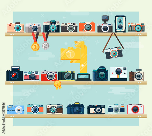 Photo camera icons set on the shelf