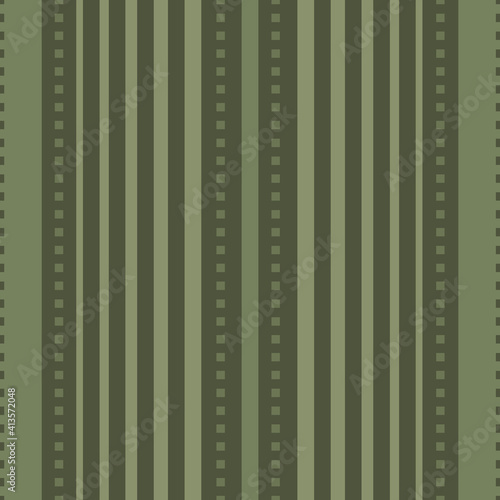 Vector stitch stripe effect seamless pattern background. Sage green backdrop with vertical stripes and simulated stitching. Monochrome design with thick and thin lines. Linear geometric all over print