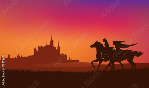 prince and princess riding horses in the sunset field with ancient medieval castle town in the background - fairy tale scene vector silhouette  illustration