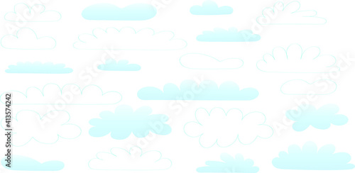 Clouds white and blue, vector set for composing flat children's pictures for cartoon. Natural material for collecting doodle style screensavers.