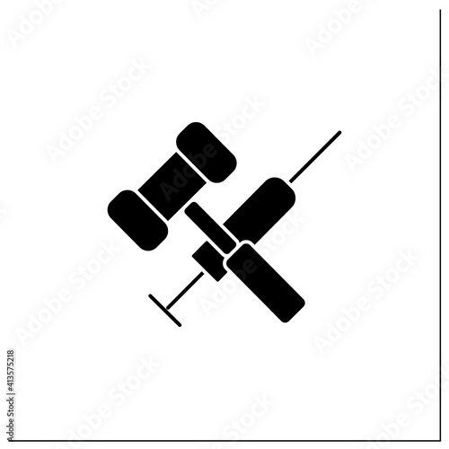Vaccination law glyph icon. Stop mandatory vaccination. Judge gavel and syringe. Legal requirements of vaccine development. Covid-19 vaccine. Filled flat sign. Isolated silhouette vector illustration