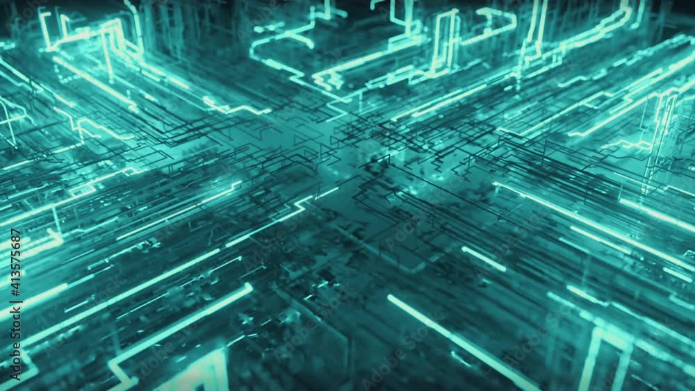 Abstract technological background from a fiber optic glowing beam spreading in the digital space. Data transmission in the futuristic industry. Colorful blue digitalization process. 3d animation