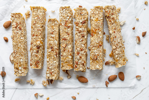 Vegan Energy Oat Bars With Apricot and Almonds, Flat Lay