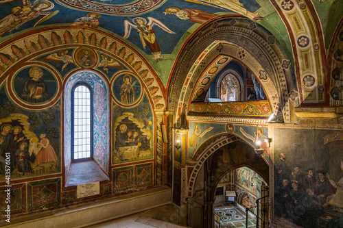 Tableau sur toile The marvelous frescoes in the interior of the Monastery of Sacred Cave (Sacro Speco) of Saint Benedict in Subiaco, province of Rome, Lazio, central Italy