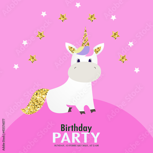 Birthday card with unicorn. Card for babies. Vector illustration