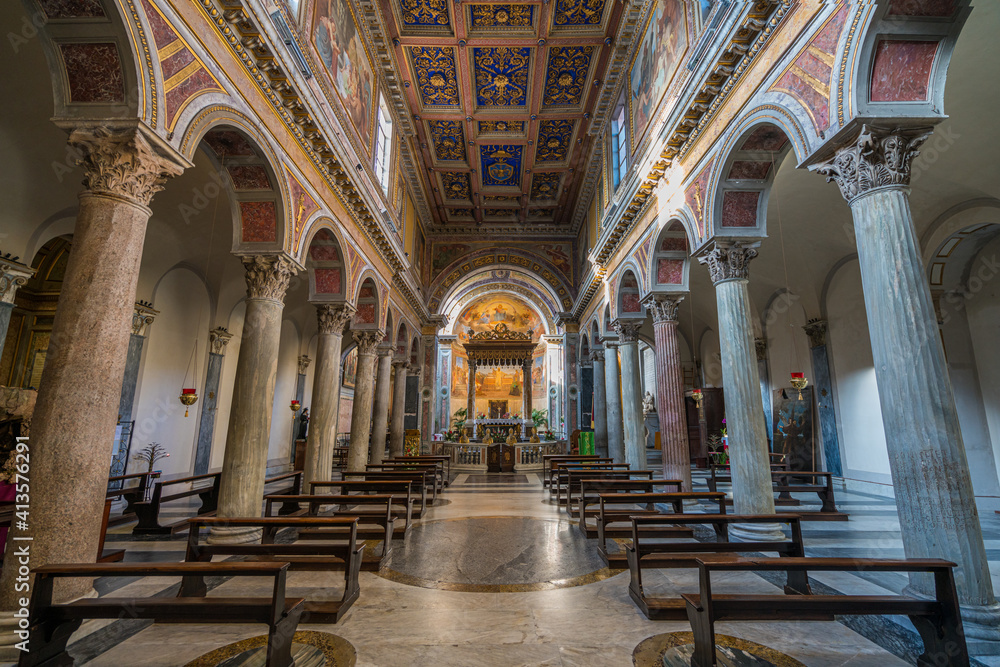 Interior sight in the Basilica of San Nicola in Carcere in Rome, Italy.